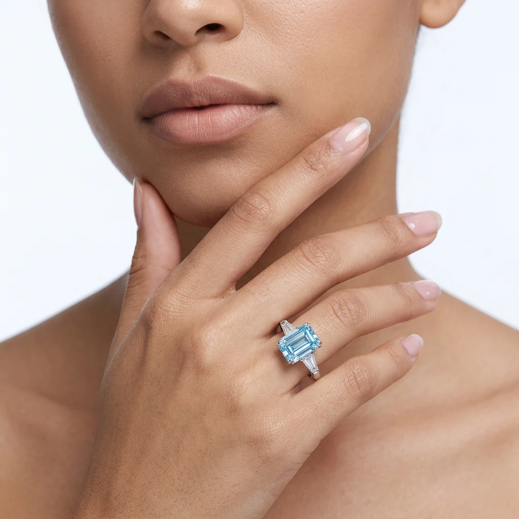 Emerson - Emerald Cut Blue Diamond Ring - Image 2