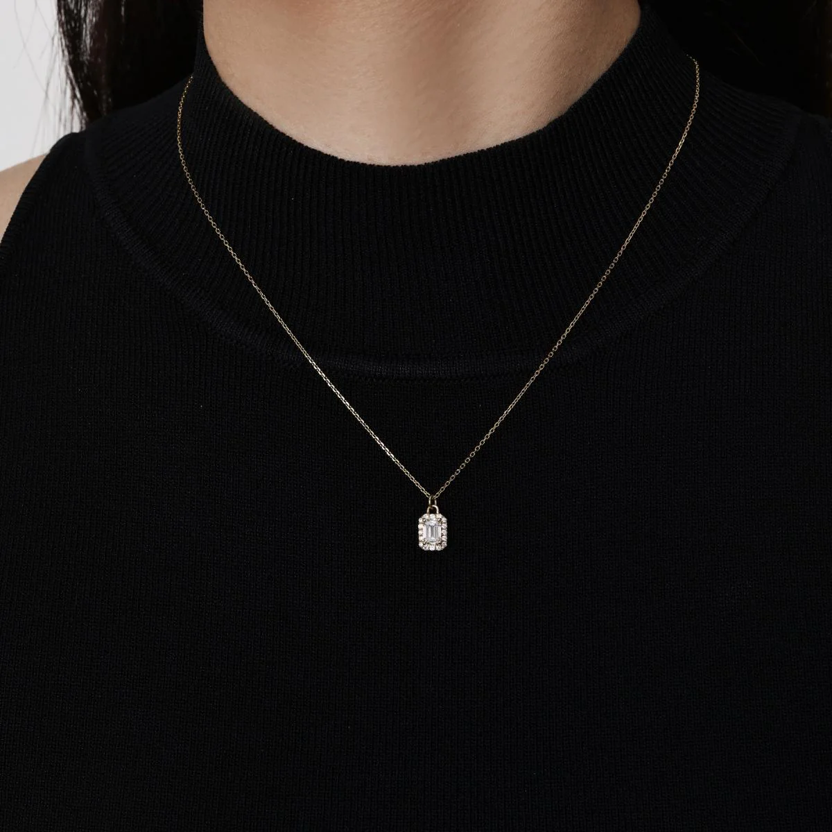 Essie-Halo Emerald Cut Diamond Pendant Necklace - Image 3