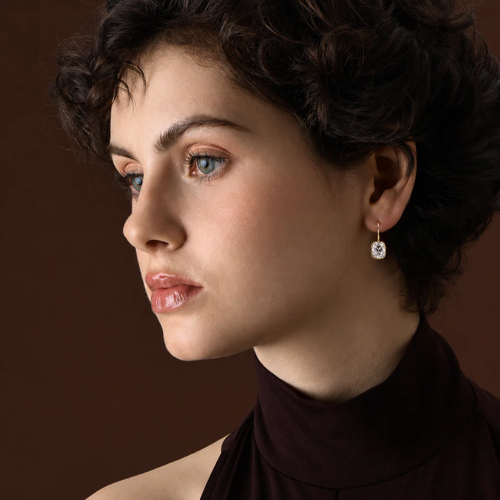 Old Mine Cushion Cut Diamond Drop Earrings with Prongs - Image 2