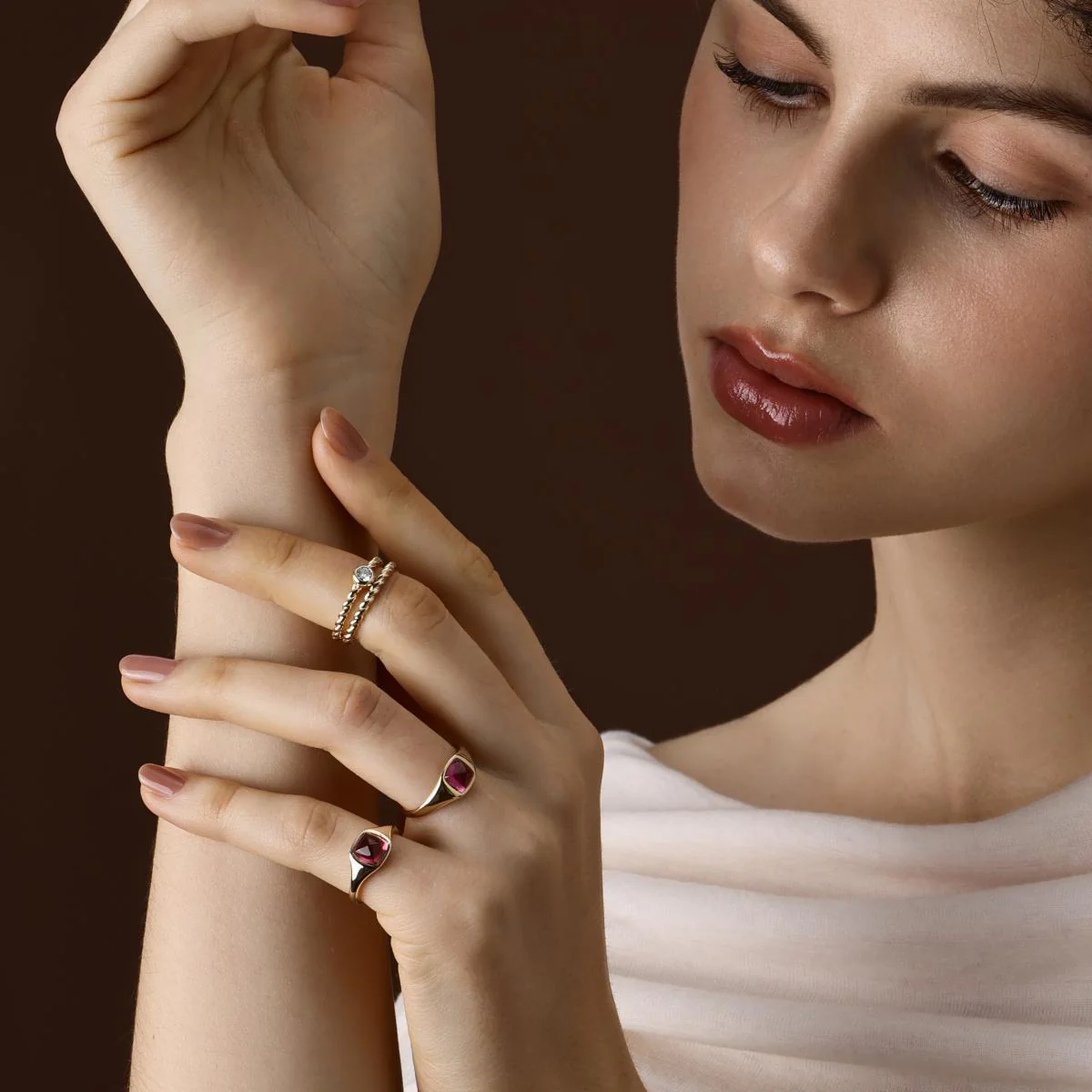 Sarah-Sugarloaf Cabochon Reddish Pink Tourmaline Gemstone Ring - Image 4